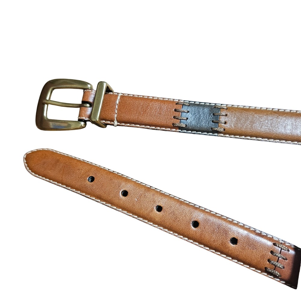 Fossil T1411 Patchwork Whipstitch Leather Belt Womens M Brass Boho Festival